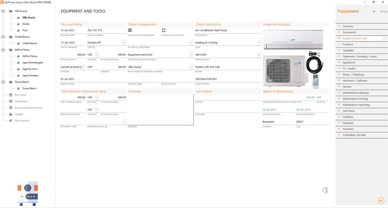 Sample master record for a heat pump and maintenance planning, tracking and reporting.